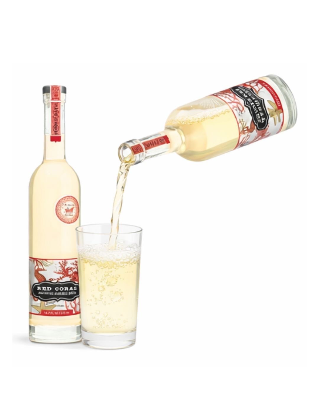 Botella de Red Coral Spirit sirviendo en un vaso