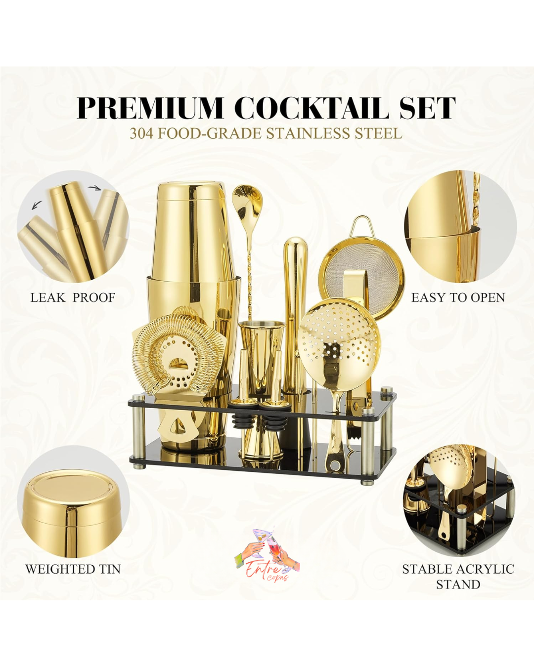 Kit de bartender profesional con soporte acrílico (Plata / Oro) - Imagen 2